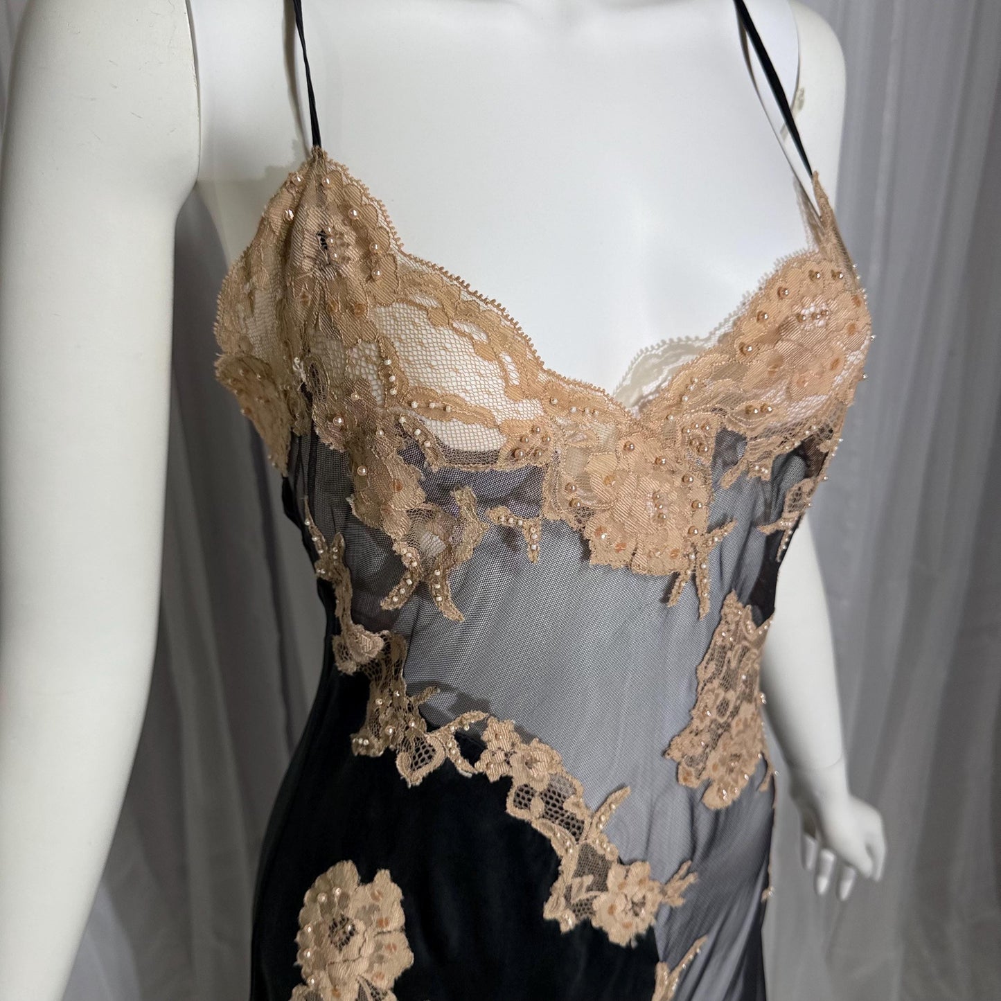 JACALYN BENNETT vintage silk nightgown slip dress, FREDERICKS 1990s black silk and sheer mesh lingerie dress