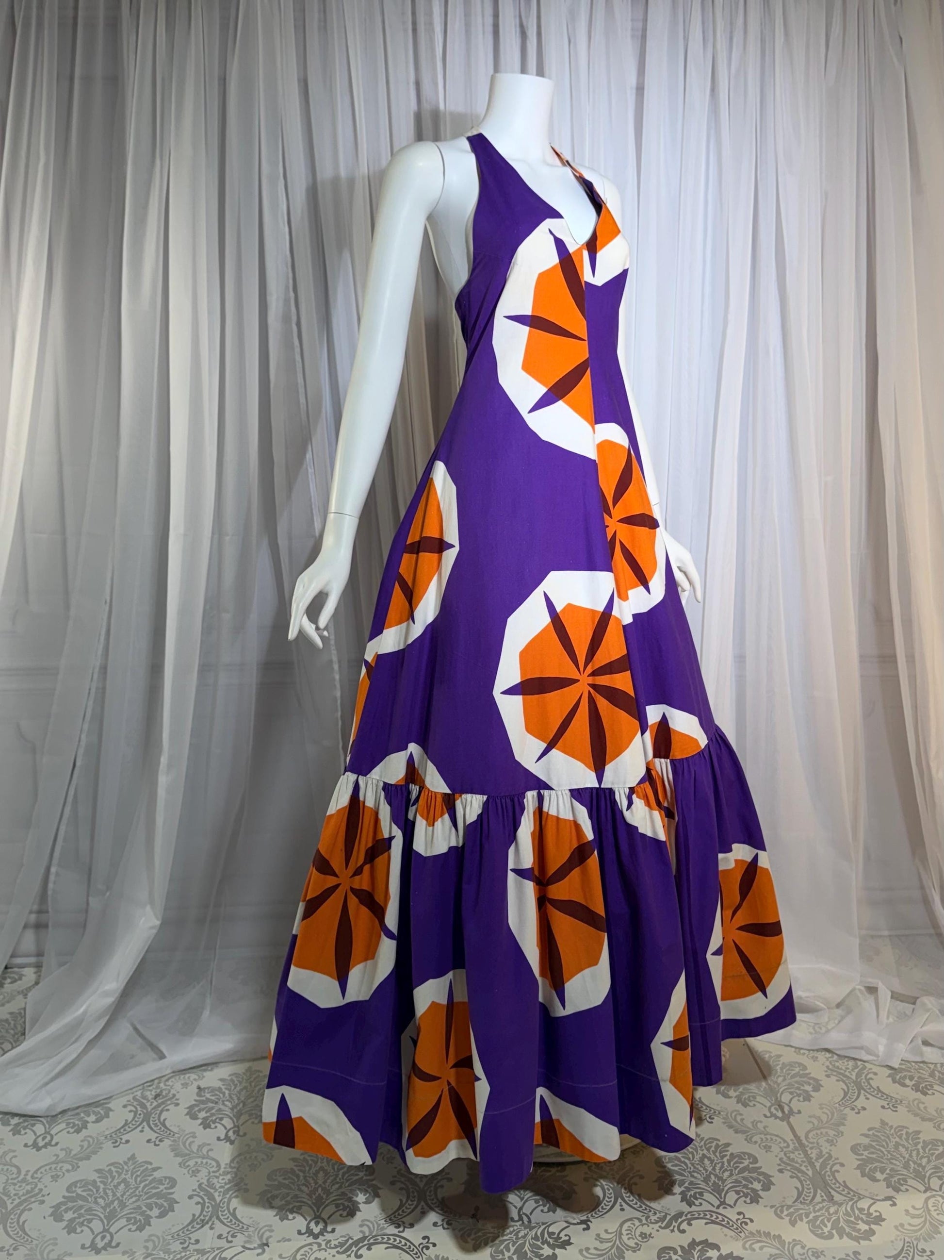 vintage 1970s MARIMEKKO maxi dress, Dated 1970 Finland purple and orange op art cotton halter dress