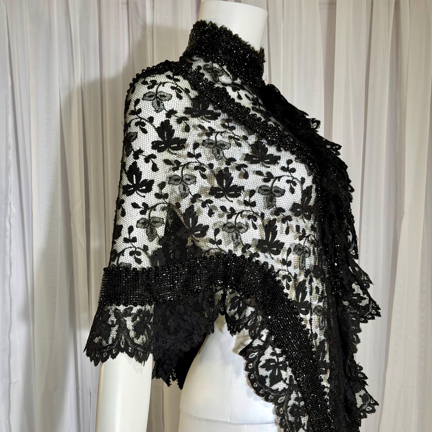 1800s Antique Victorian Mantelet, Black Lace & Beads capelet, shawl, wrap with lappets