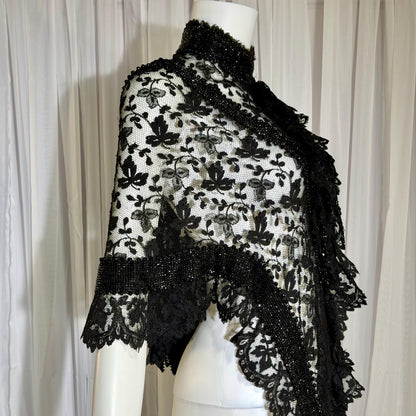 1800s Antique Victorian Mantelet, Black Lace & Beads capelet, shawl, wrap with lappets