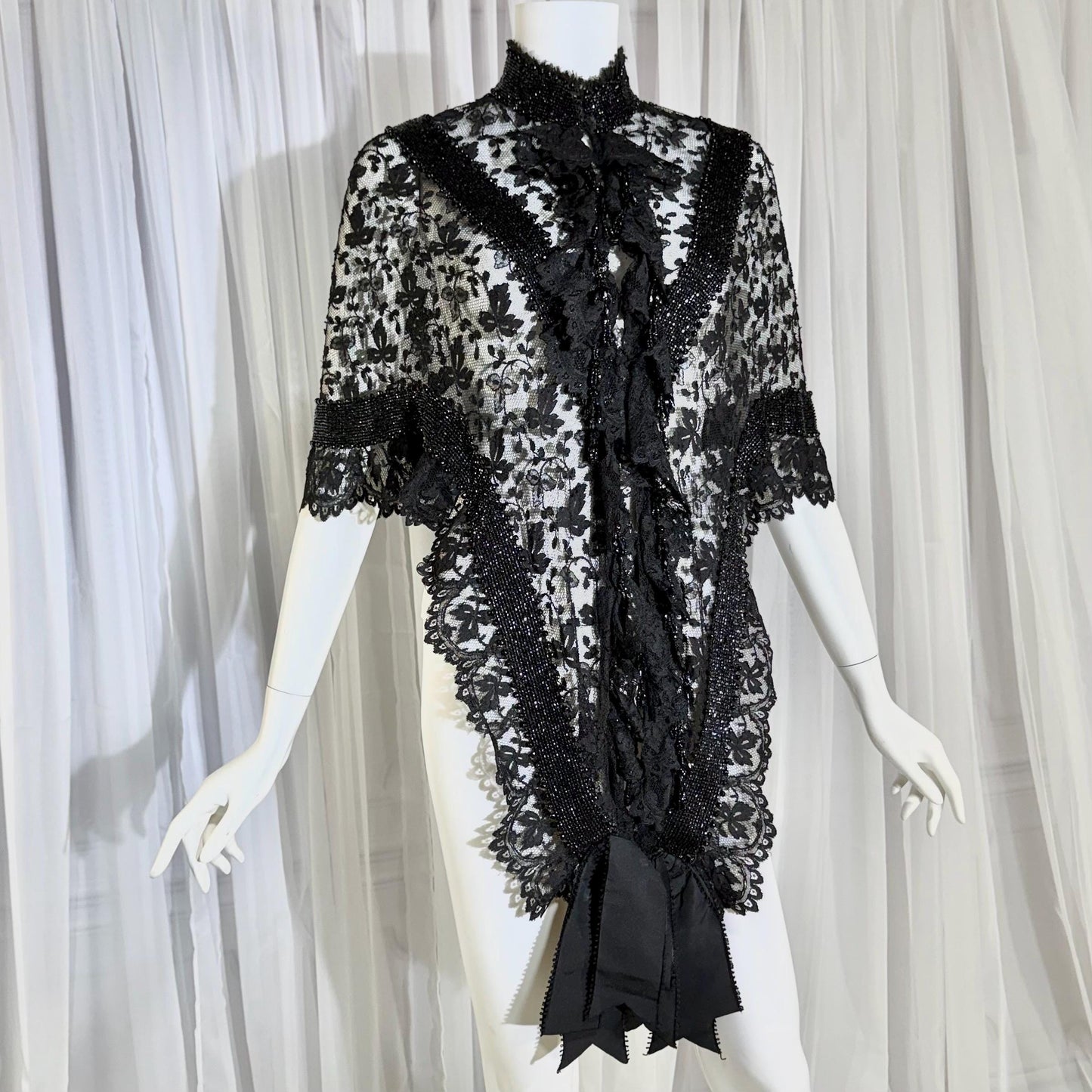 1800s Antique Victorian Mantelet, Black Lace & Beads capelet, shawl, wrap with lappets