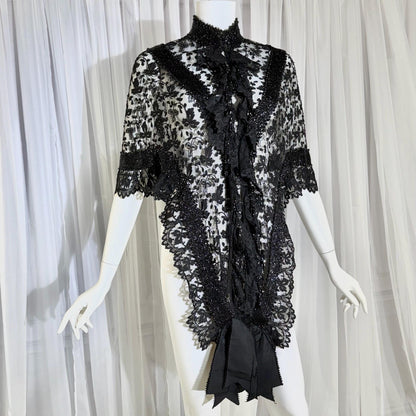 1800s Antique Victorian Mantelet, Black Lace & Beads capelet, shawl, wrap with lappets