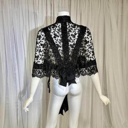 1800s Antique Victorian Mantelet, Black Lace & Beads capelet, shawl, wrap with lappets