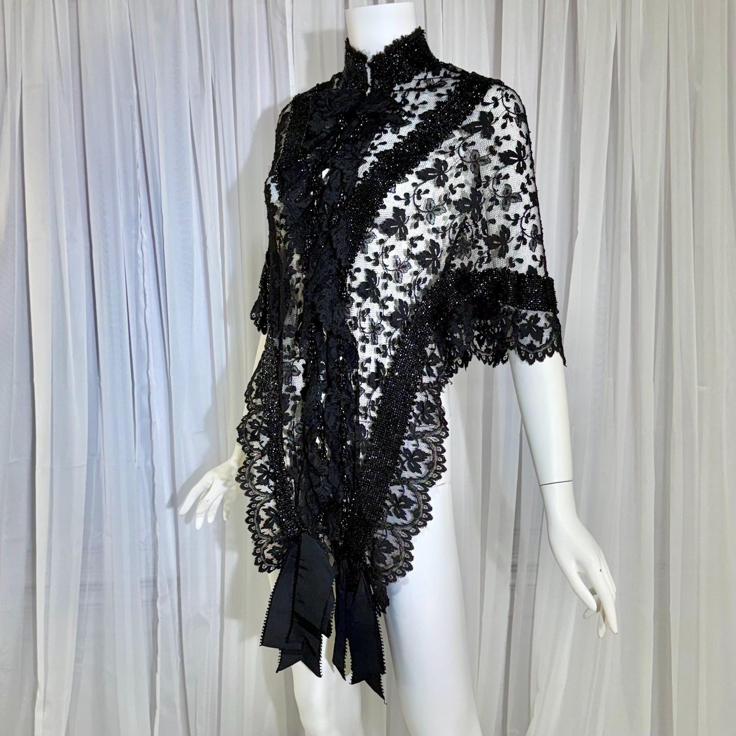 1800s Antique Victorian Mantelet, Black Lace & Beads capelet, shawl, wrap with lappets