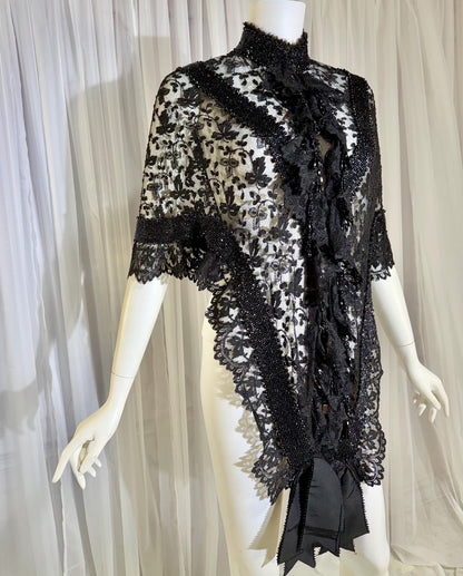 1800s Antique Victorian Mantelet, Black Lace & Beads capelet, shawl, wrap with lappets