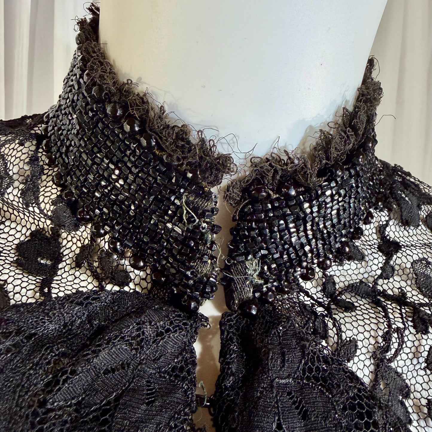 1800s Antique Victorian Mantelet, Black Lace & Beads capelet, shawl, wrap with lappets