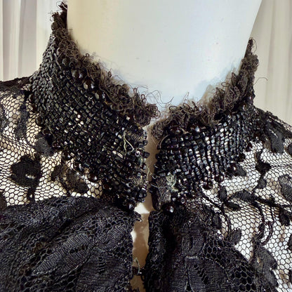 1800s Antique Victorian Mantelet, Black Lace & Beads capelet, shawl, wrap with lappets