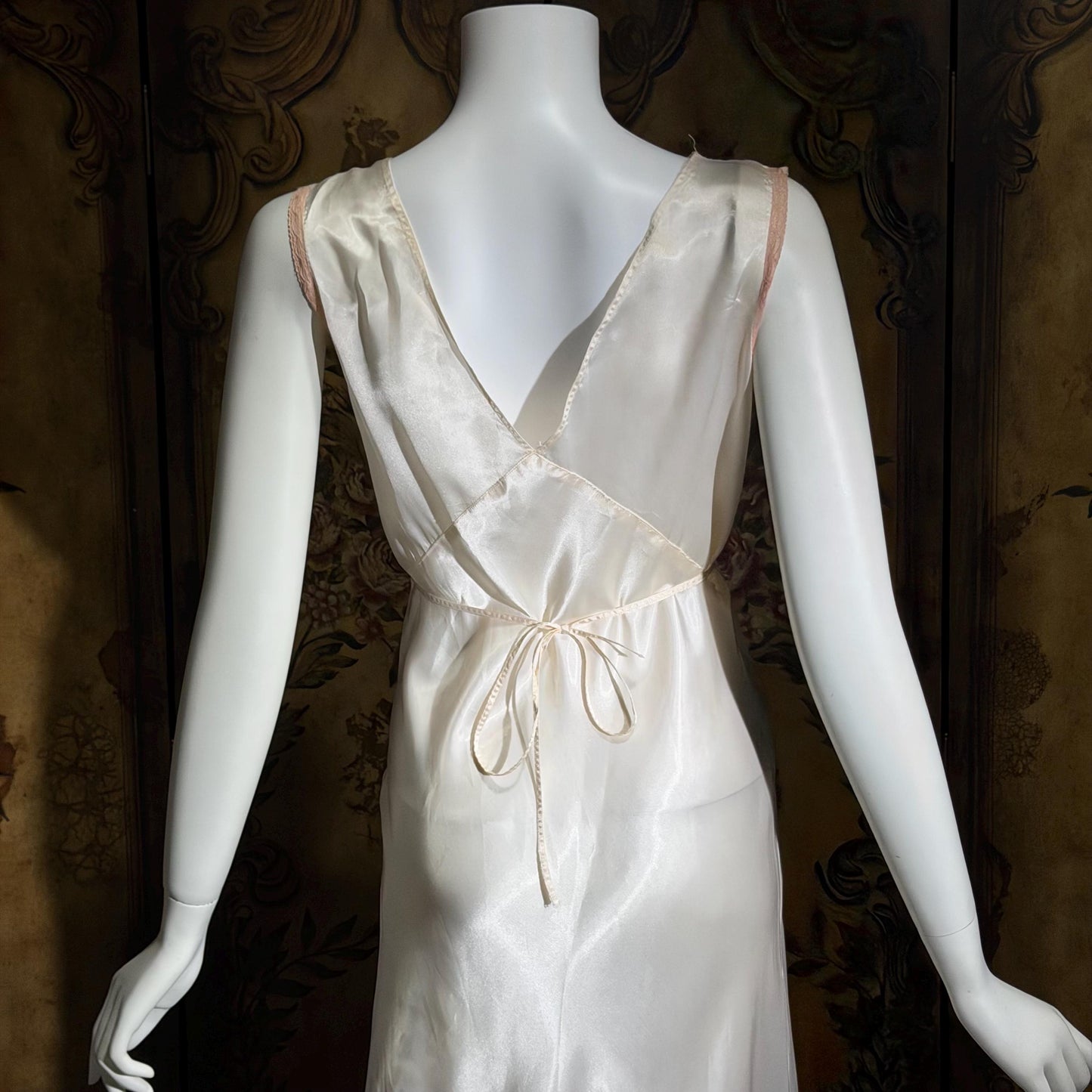 1930s vintage Nightgown Slip Dress, Shiny white and pink embroidered rayon lingerie dress