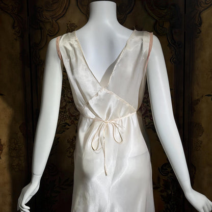 1930s vintage Nightgown Slip Dress, Shiny white and pink embroidered rayon lingerie dress