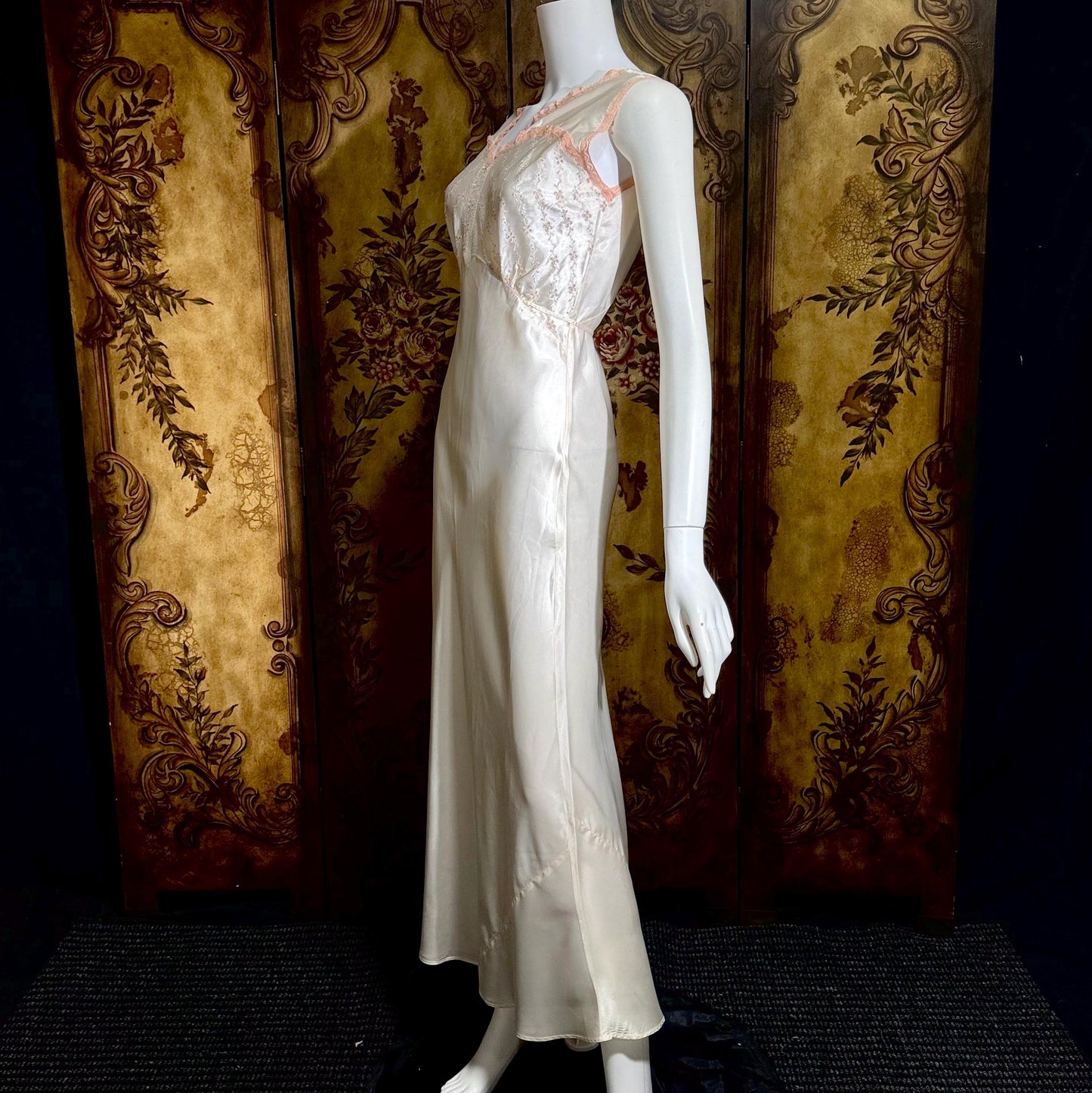 1930s vintage Nightgown Slip Dress, Shiny white and pink embroidered rayon lingerie dress