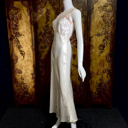 1930s vintage Nightgown Slip Dress, Shiny white and pink embroidered rayon lingerie dress