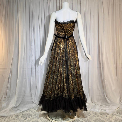 1940s vintage evening dress gown, strapless black lace full skirt ruffle gown