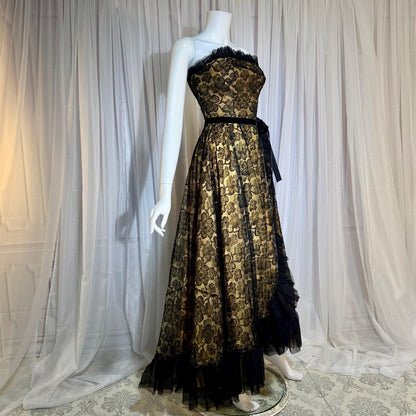 1940s vintage evening dress gown, strapless black lace full skirt ruffle gown