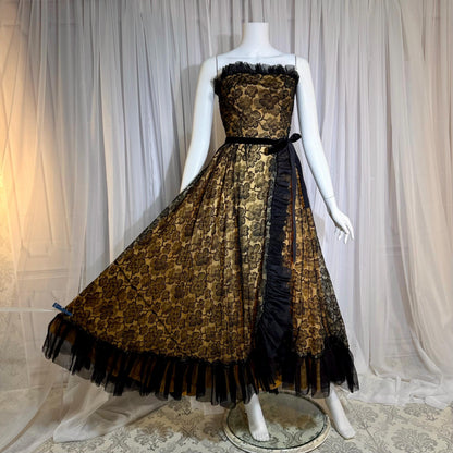 1940s vintage evening dress gown, strapless black lace full skirt ruffle gown