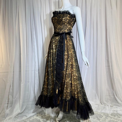 1940s vintage evening dress gown, strapless black lace full skirt ruffle gown