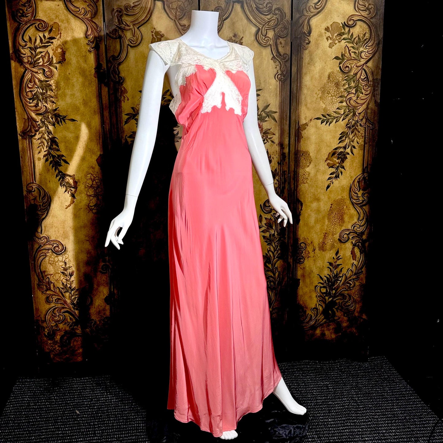 MISS SWANK Vintage 1940s Nightgown Slip Dress, Salmon Pink Bias Cut Lingerie Dress