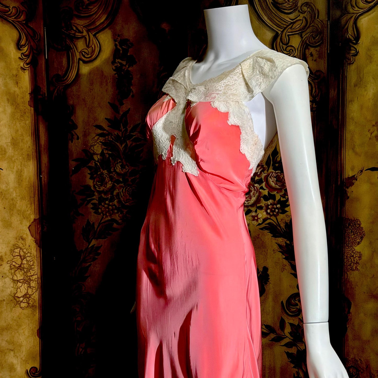 MISS SWANK Vintage 1940s Nightgown Slip Dress, Salmon Pink Bias Cut Lingerie Dress