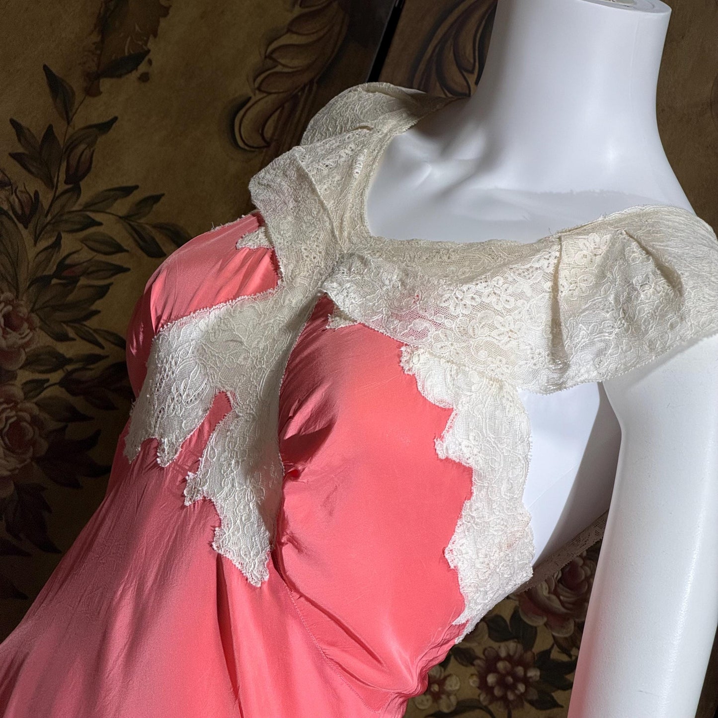 MISS SWANK Vintage 1940s Nightgown Slip Dress, Salmon Pink Bias Cut Lingerie Dress