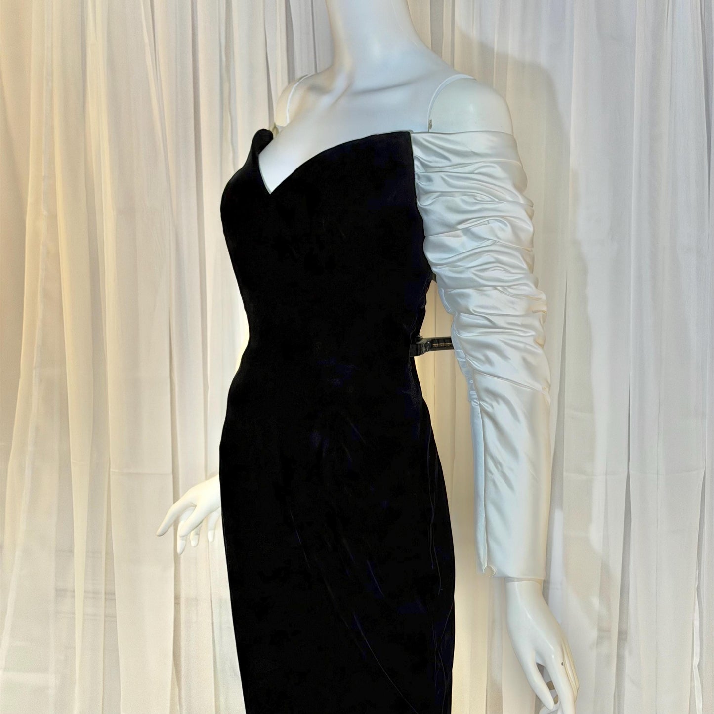 EUGENE ALEXANDER Vintage 1980s evening dress gown, Black Velvet White Satin gown