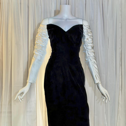 EUGENE ALEXANDER Vintage 1980s evening dress gown, Black Velvet White Satin gown