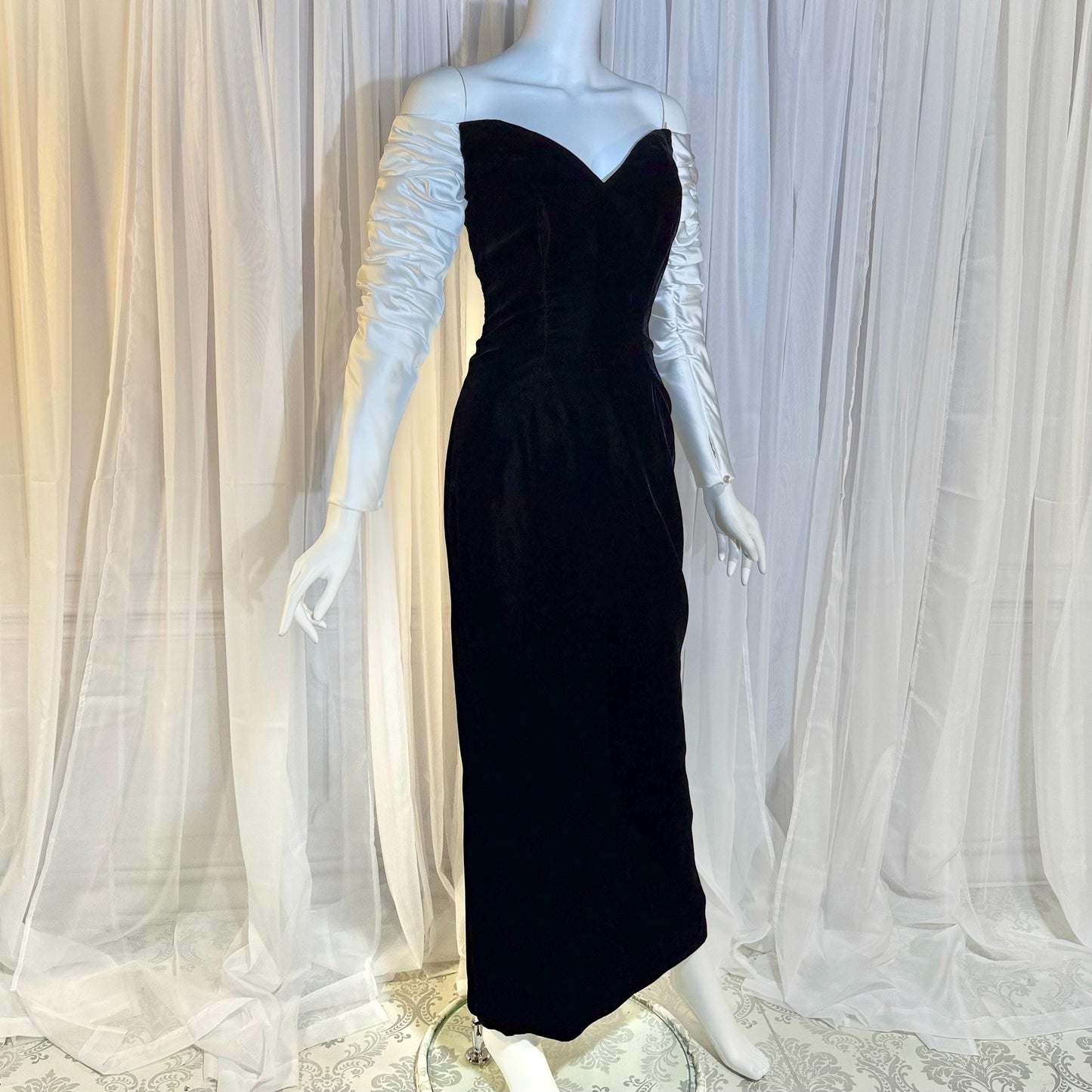 EUGENE ALEXANDER Vintage 1980s evening dress gown, Black Velvet White Satin gown