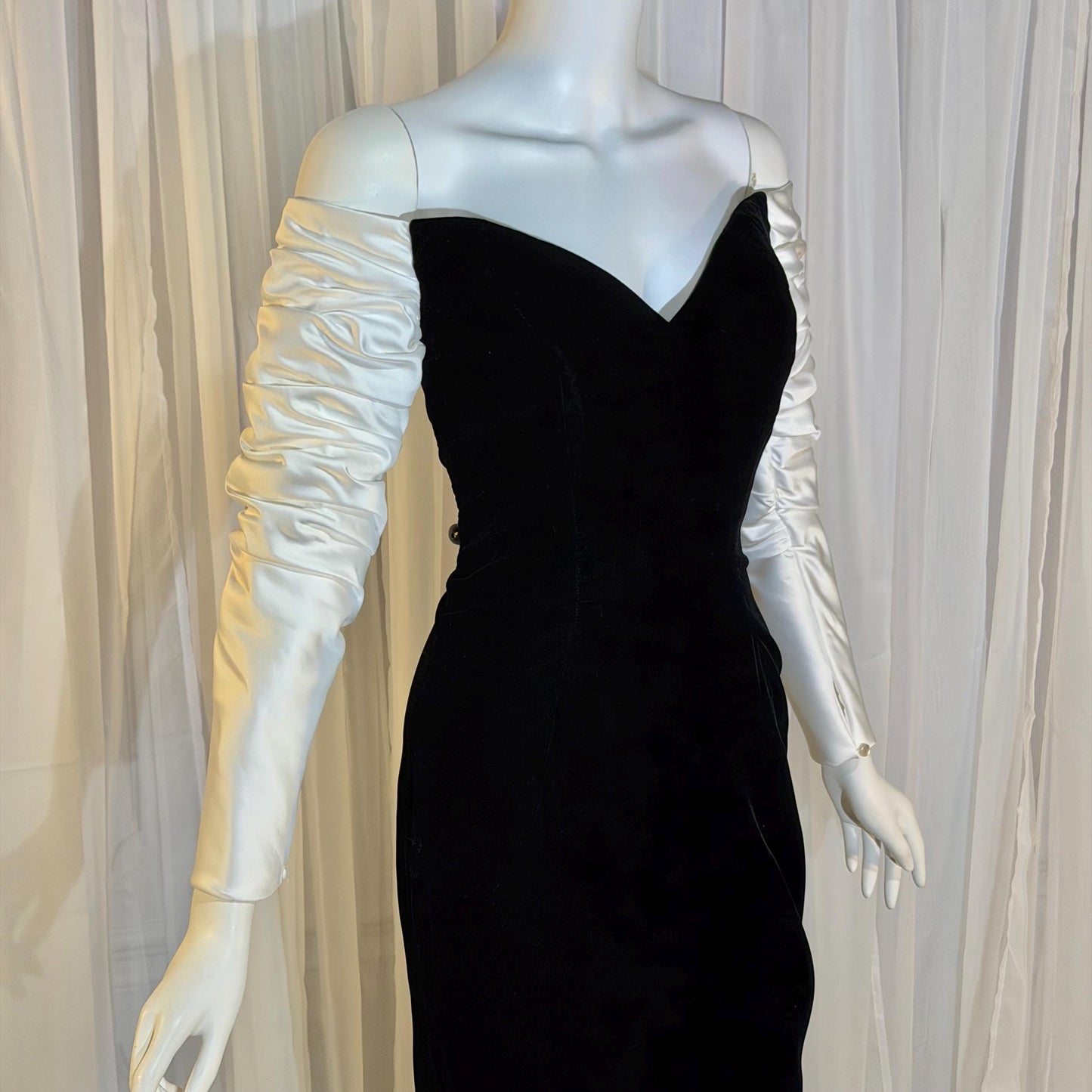 EUGENE ALEXANDER Vintage 1980s evening dress gown, Black Velvet White Satin gown