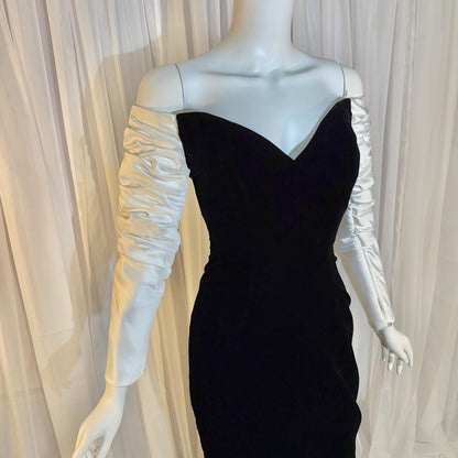 EUGENE ALEXANDER Vintage 1980s evening dress gown, Black Velvet White Satin gown