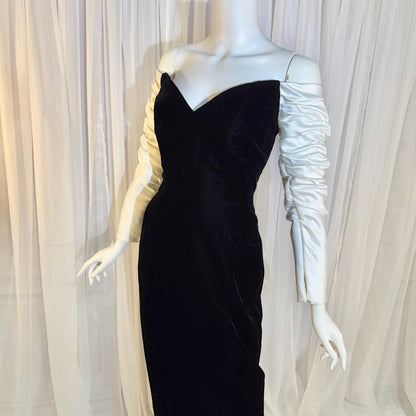 EUGENE ALEXANDER Vintage 1980s evening dress gown, Black Velvet White Satin gown