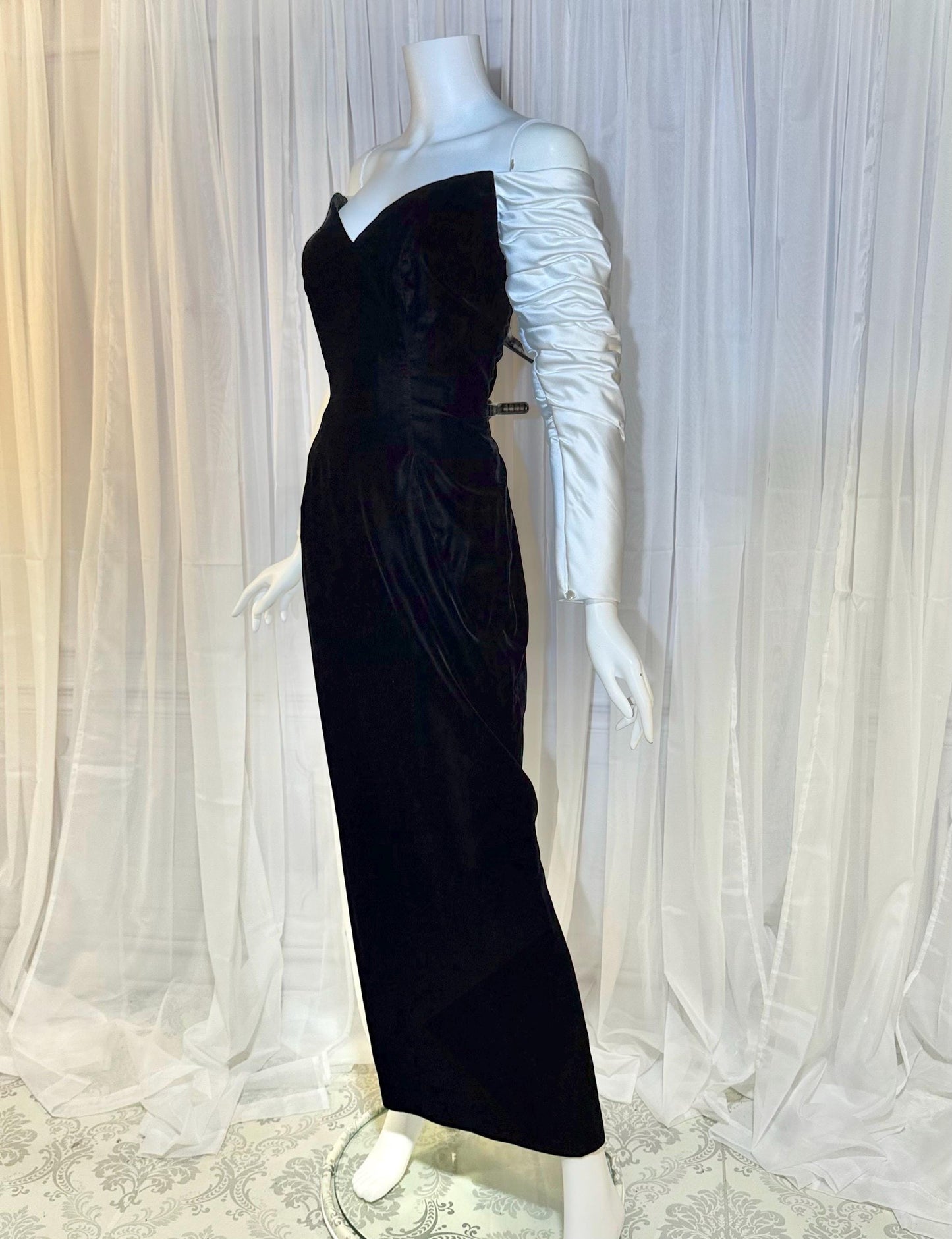 EUGENE ALEXANDER Vintage 1980s evening dress gown, Black Velvet White Satin gown