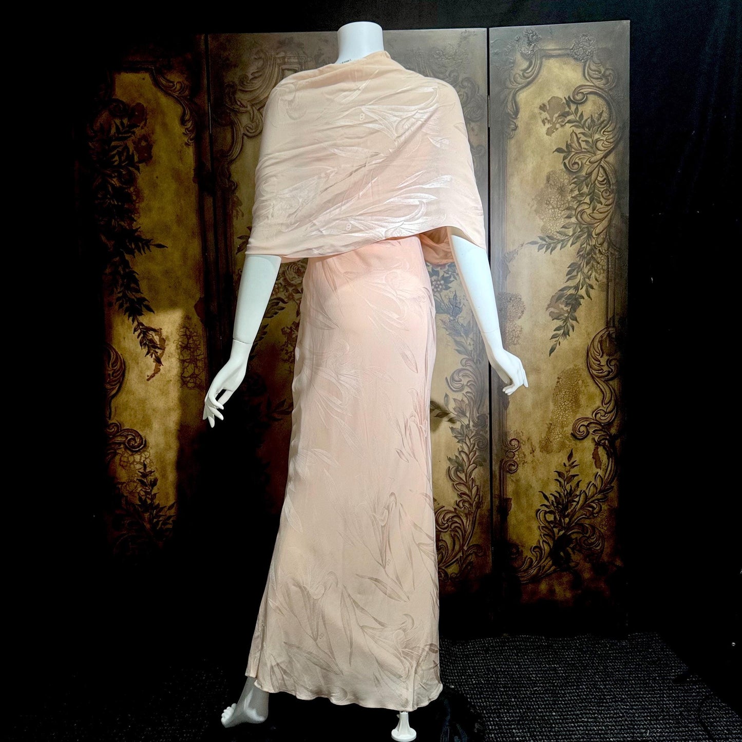 CAROL PERETZ Vintage evening dress, 1990s peachy pink bias cut silk slip dress and shawl