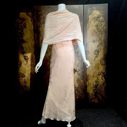 CAROL PERETZ Vintage evening dress, 1990s peachy pink bias cut silk slip dress and shawl