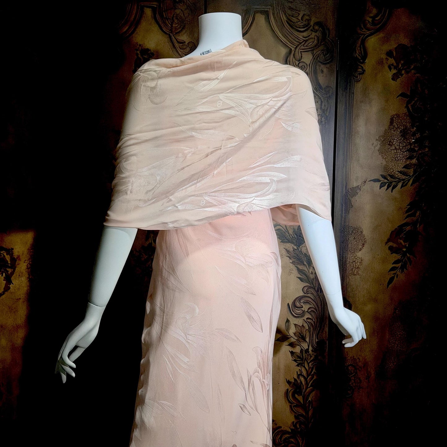 CAROL PERETZ Vintage evening dress, 1990s peachy pink bias cut silk slip dress and shawl
