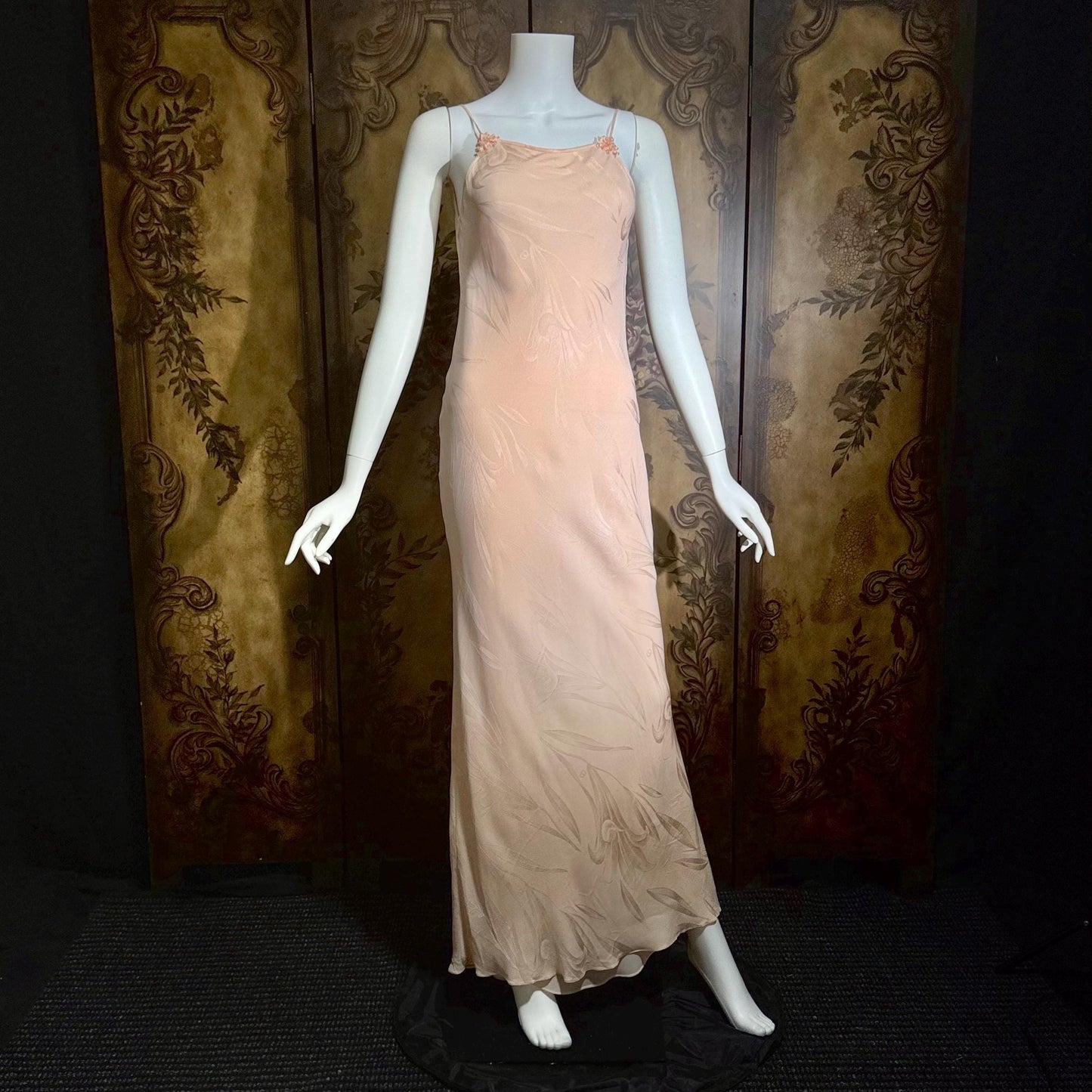 CAROL PERETZ Vintage evening dress, 1990s peachy pink bias cut silk slip dress and shawl