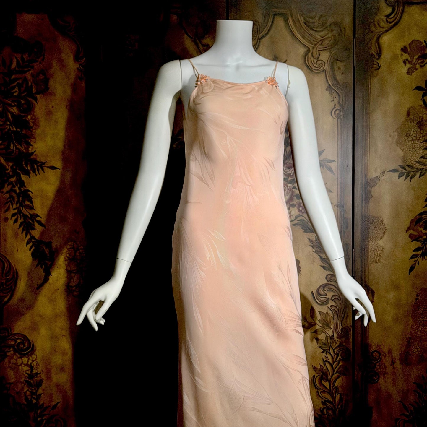 CAROL PERETZ Vintage evening dress, 1990s peachy pink bias cut silk slip dress and shawl
