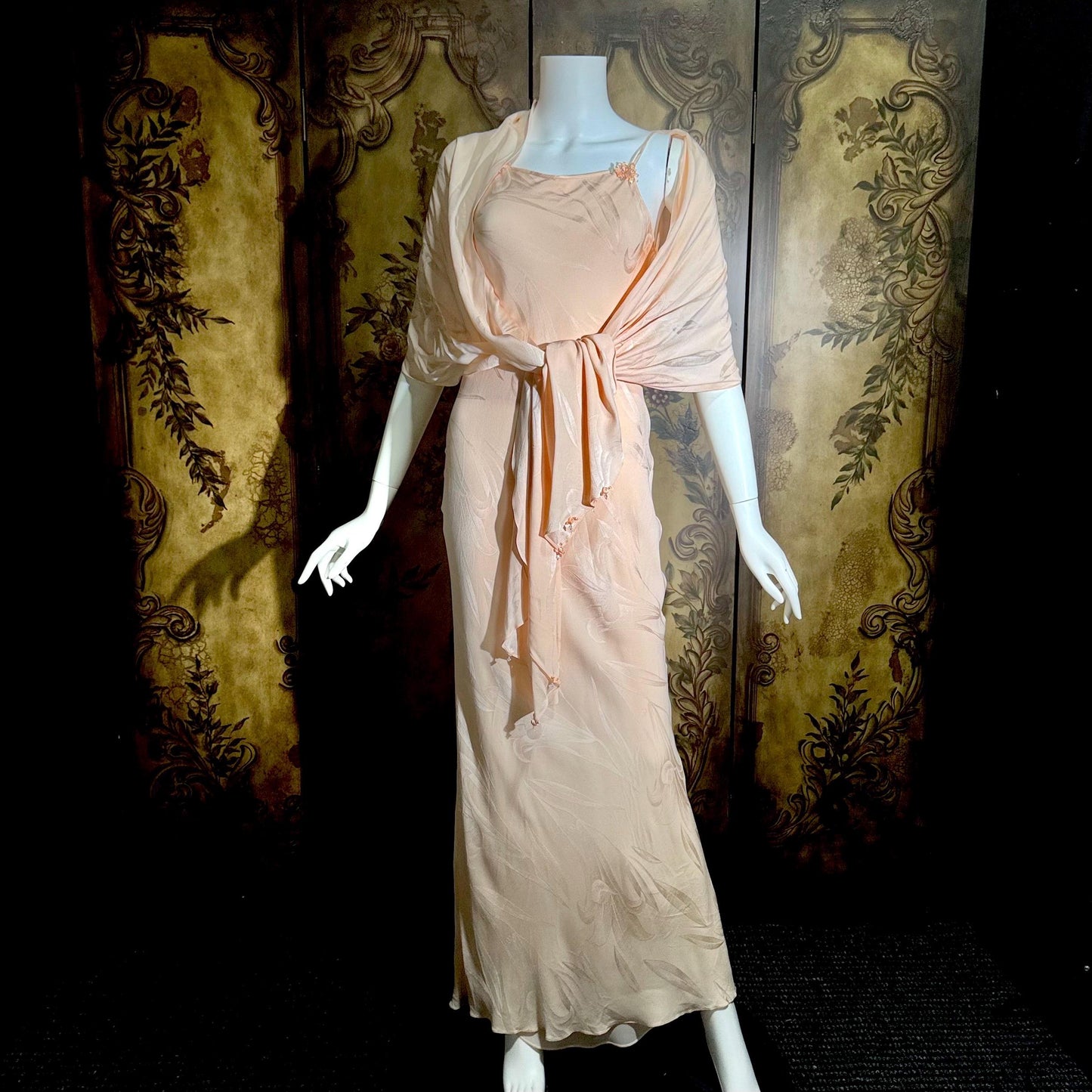 CAROL PERETZ Vintage evening dress, 1990s peachy pink bias cut silk slip dress and shawl