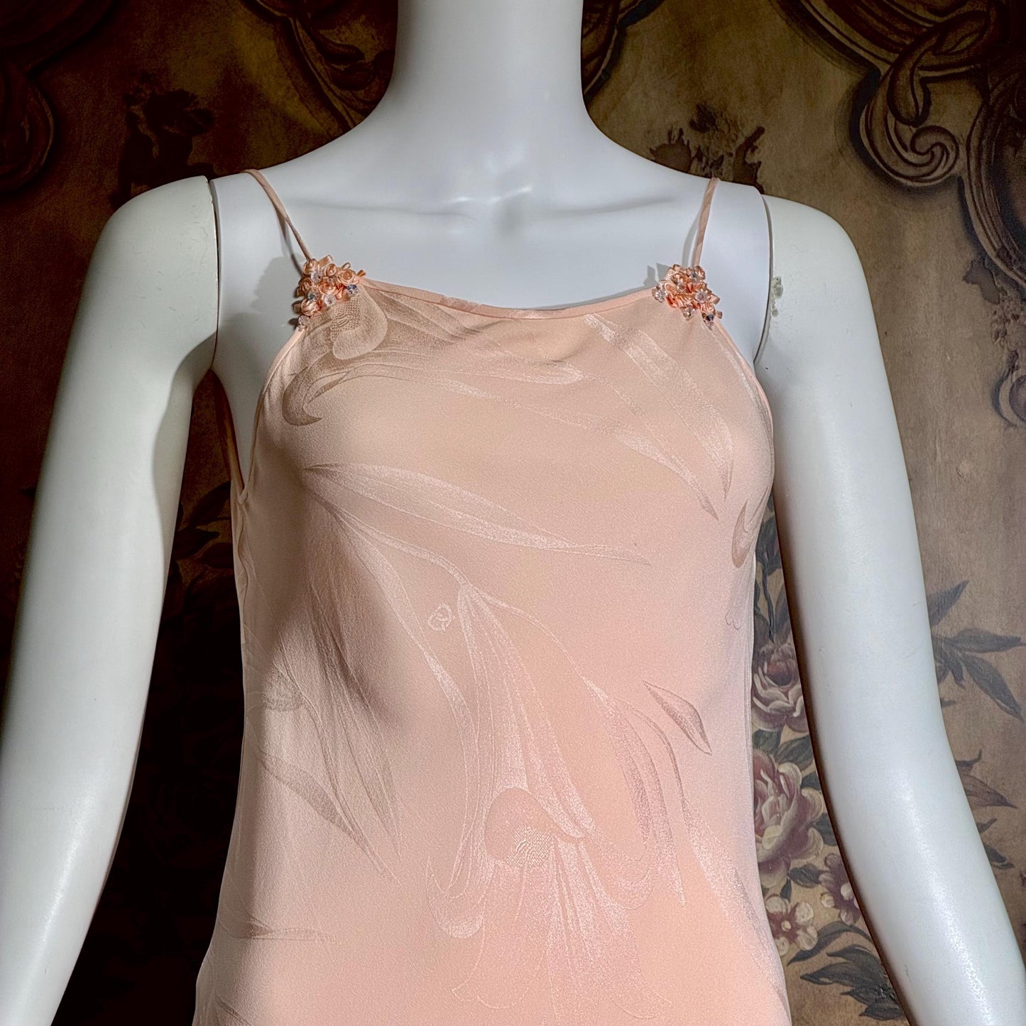 CAROL PERETZ Vintage evening dress, 1990s peachy pink bias cut silk slip dress and shawl