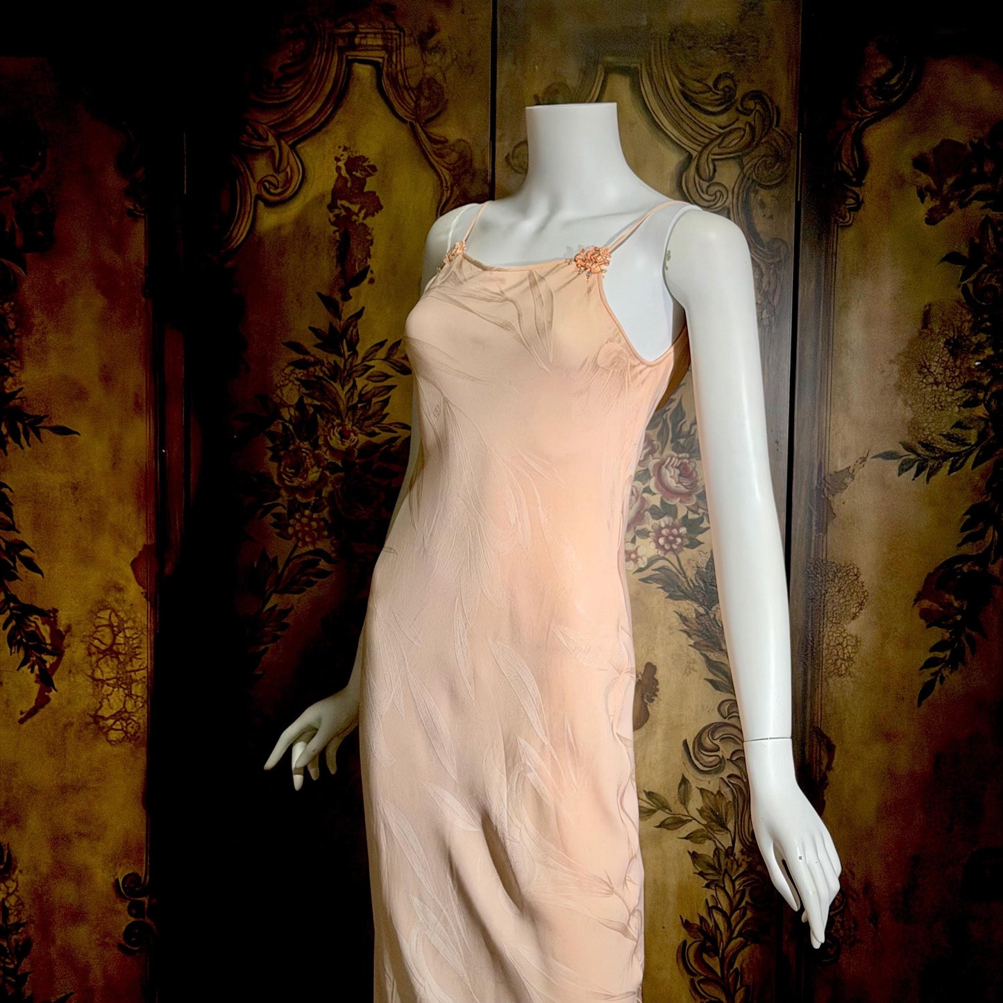 CAROL PERETZ Vintage evening dress, 1990s peachy pink bias cut silk slip dress and shawl
