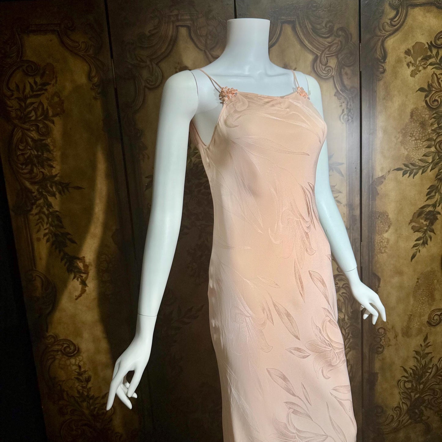 CAROL PERETZ Vintage evening dress, 1990s peachy pink bias cut silk slip dress and shawl