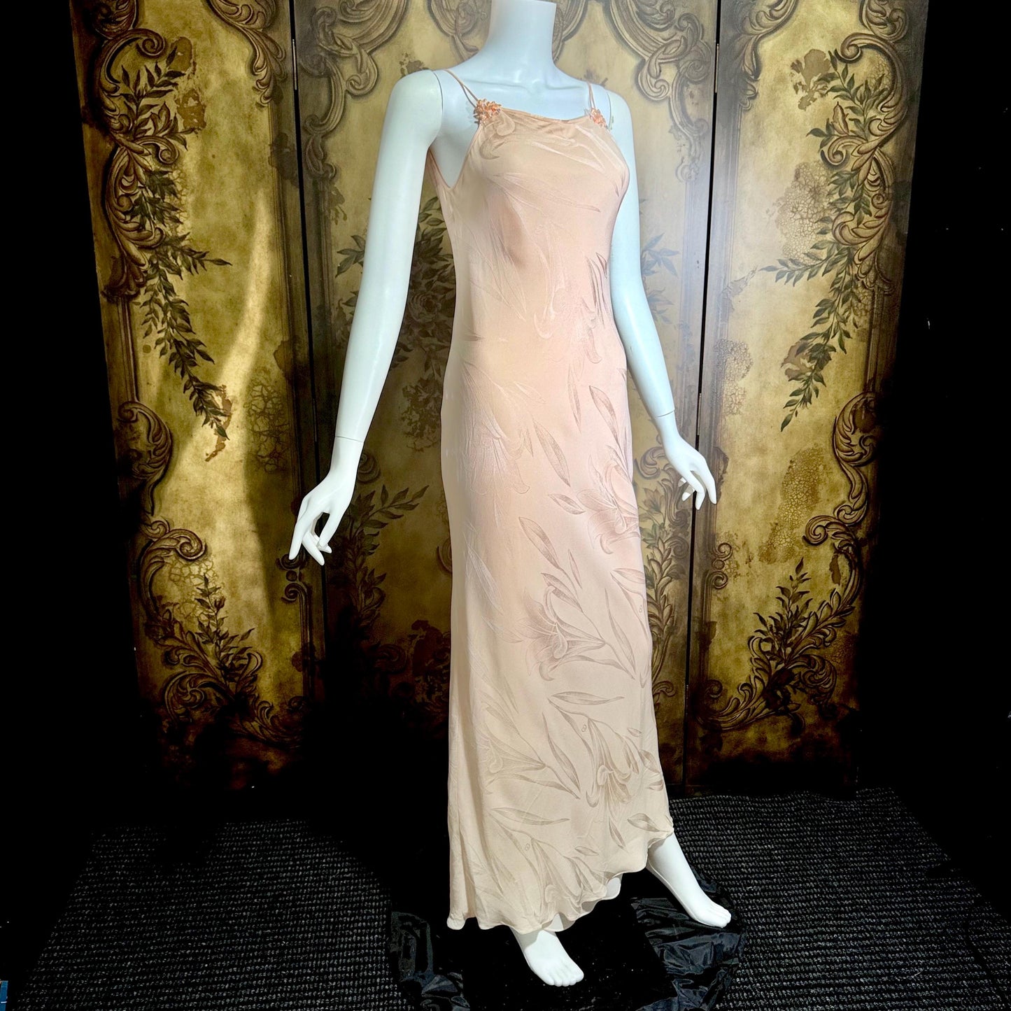 CAROL PERETZ Vintage evening dress, 1990s peachy pink bias cut silk slip dress and shawl