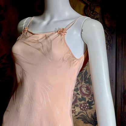 CAROL PERETZ Vintage evening dress, 1990s peachy pink bias cut silk slip dress and shawl