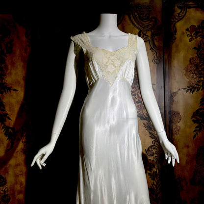 GODFRIED vintage 1930s Nightgown Slip Dress, Shiny white rayon lingerie dress