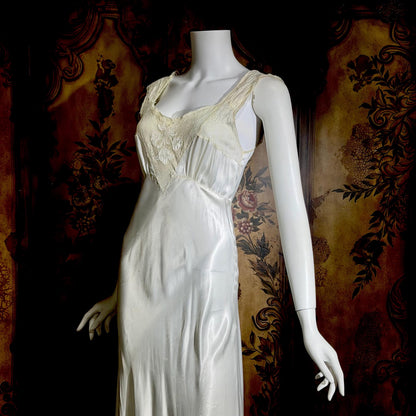 GODFRIED vintage 1930s Nightgown Slip Dress, Shiny white rayon lingerie dress
