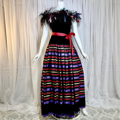 ALBERT CAPRARO vintage evening dress, 1970s Velvet and striped taffeta feathers off shoulder gown
