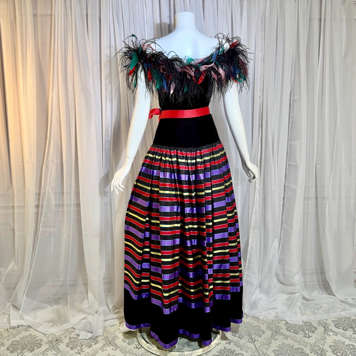 ALBERT CAPRARO vintage evening dress, 1970s Velvet and striped taffeta feathers off shoulder gown