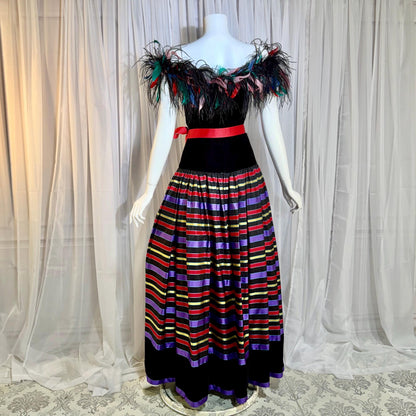 ALBERT CAPRARO vintage evening dress, 1970s Velvet and striped taffeta feathers off shoulder gown