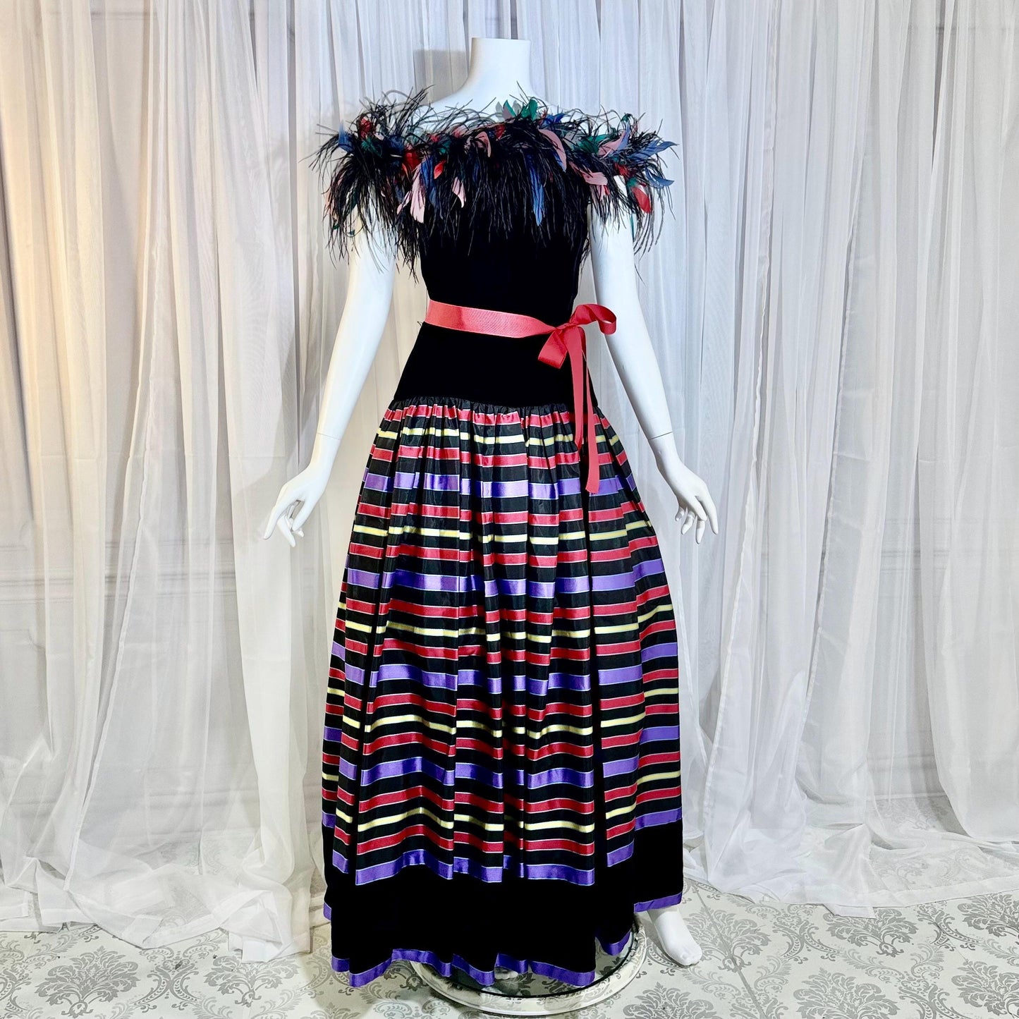 ALBERT CAPRARO vintage evening dress, 1970s Velvet and striped taffeta feathers off shoulder gown