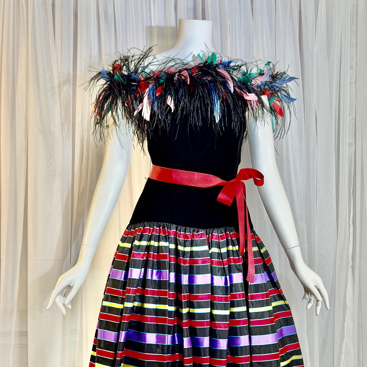 ALBERT CAPRARO vintage evening dress, 1970s Velvet and striped taffeta feathers off shoulder gown