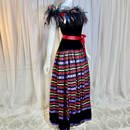 ALBERT CAPRARO vintage evening dress, 1970s Velvet and striped taffeta feathers off shoulder gown