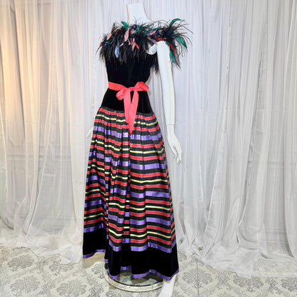 ALBERT CAPRARO vintage evening dress, 1970s Velvet and striped taffeta feathers off shoulder gown