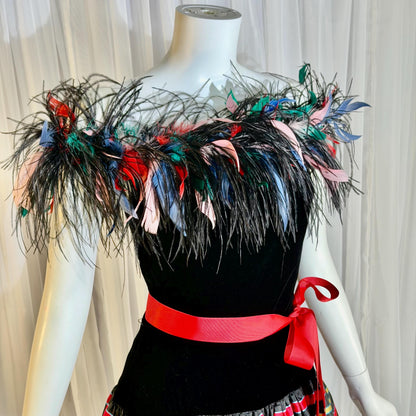 ALBERT CAPRARO vintage evening dress, 1970s Velvet and striped taffeta feathers off shoulder gown